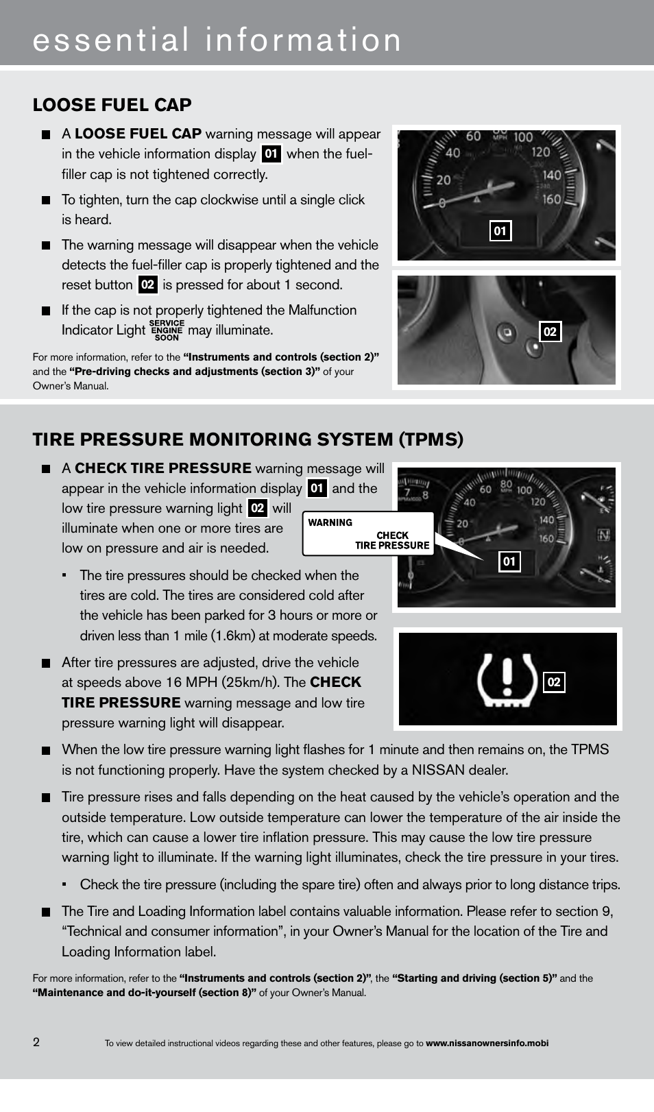 Essential information, Tire pressure monitoring system (tpms), Loose fuel cap | NISSAN 2013 Maxima - Quick Reference Guide User Manual | Page 4 / 24