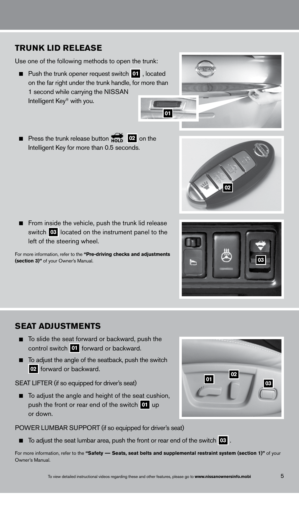 Seat adjustments, Trunk lid release | NISSAN 2013 Maxima - Quick Reference Guide User Manual | Page 7 / 24