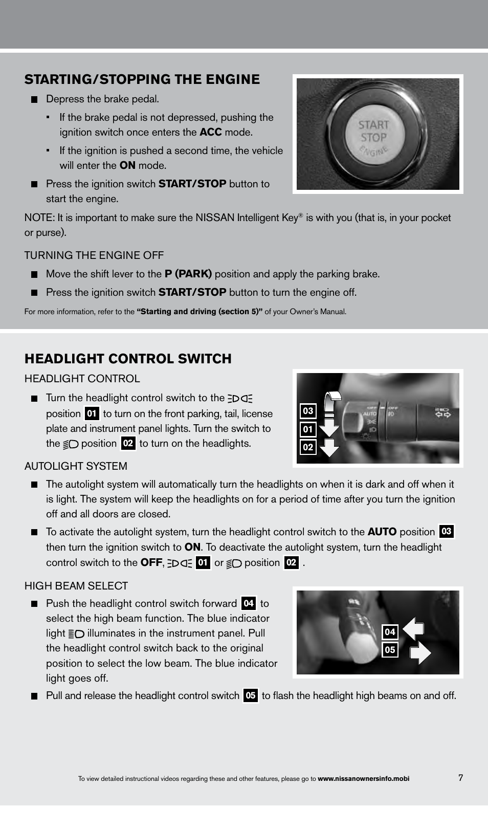 Starting/stopping the engine, Headlight control switch | NISSAN 2013 Maxima - Quick Reference Guide User Manual | Page 9 / 24