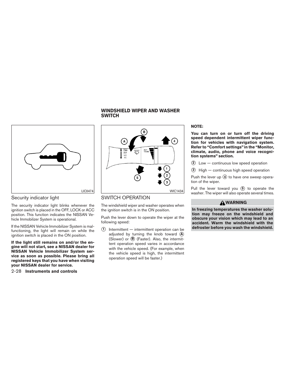 Windshield wiper and washer switch -28, Switch operation -28 | NISSAN 2014 Maxima - Owner's Manual User Manual | Page 103 / 432
