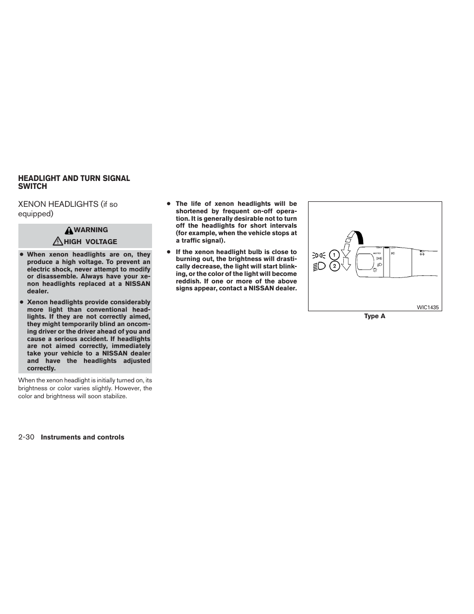 Headlight and turn signal switch -30, Xenon headlights (if so equipped) -30 | NISSAN 2014 Maxima - Owner's Manual User Manual | Page 105 / 432