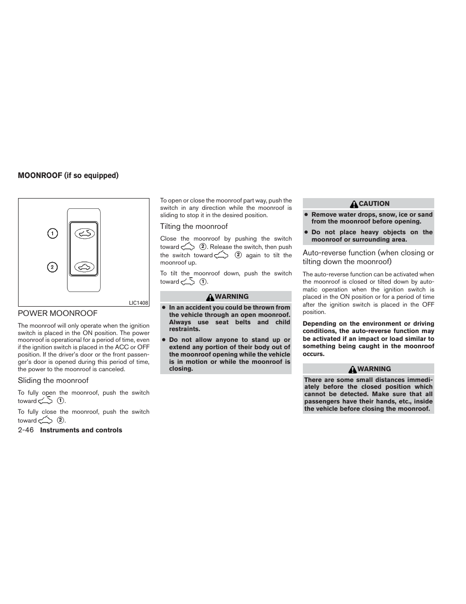 Moonroof (if so equipped) -46, Power moonroof -46 | NISSAN 2014 Maxima - Owner's Manual User Manual | Page 121 / 432