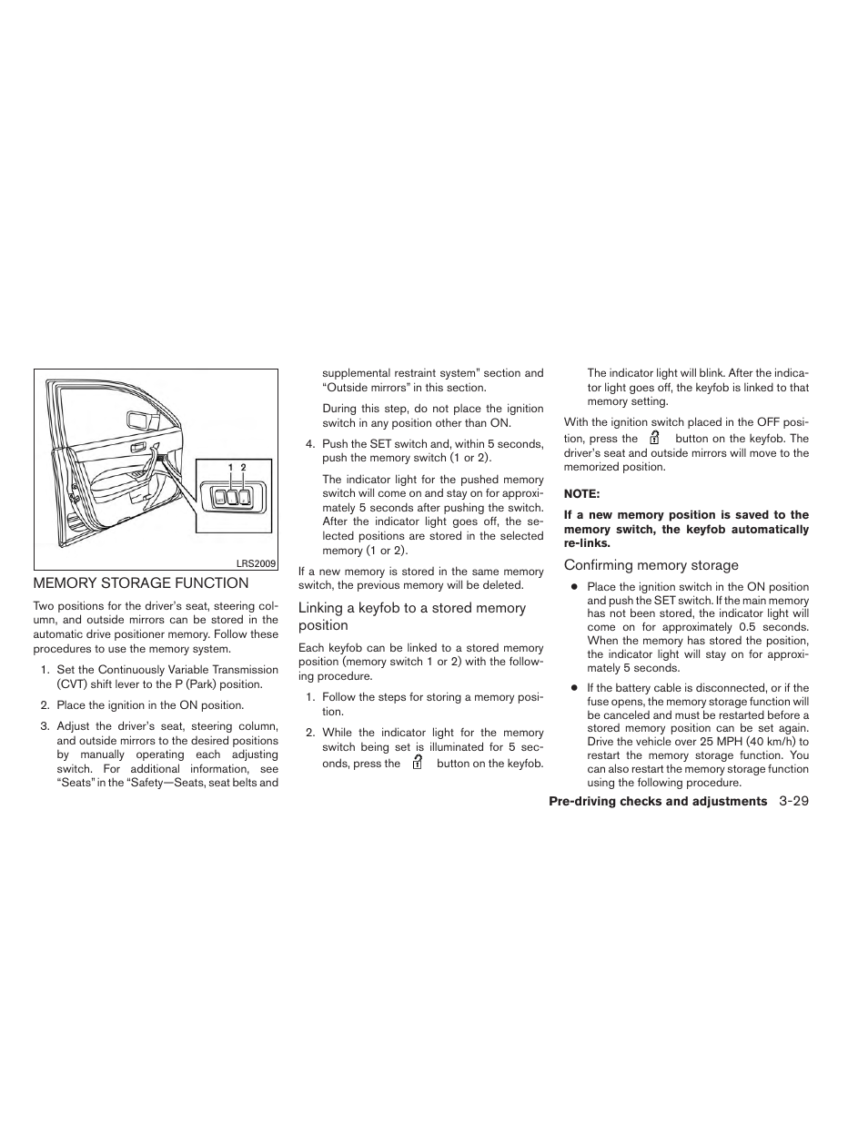 Memory storage function -29 | NISSAN 2014 Maxima - Owner's Manual User Manual | Page 162 / 432