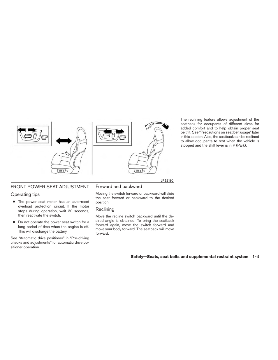 Front power seat adjustment -3 | NISSAN 2014 Maxima - Owner's Manual User Manual | Page 20 / 432