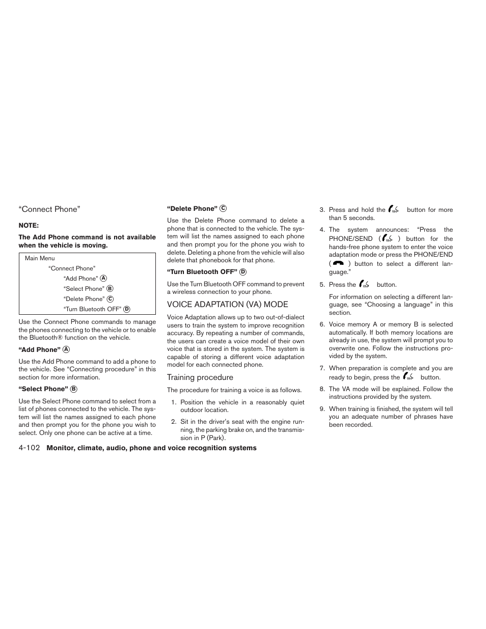 Voice adaptation (va) mode -102 | NISSAN 2014 Maxima - Owner's Manual User Manual | Page 265 / 432
