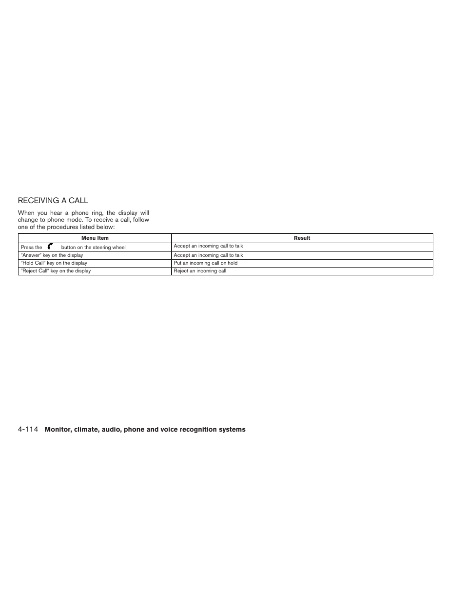Receiving a call -114, Receiving a call | NISSAN 2014 Maxima - Owner's Manual User Manual | Page 277 / 432