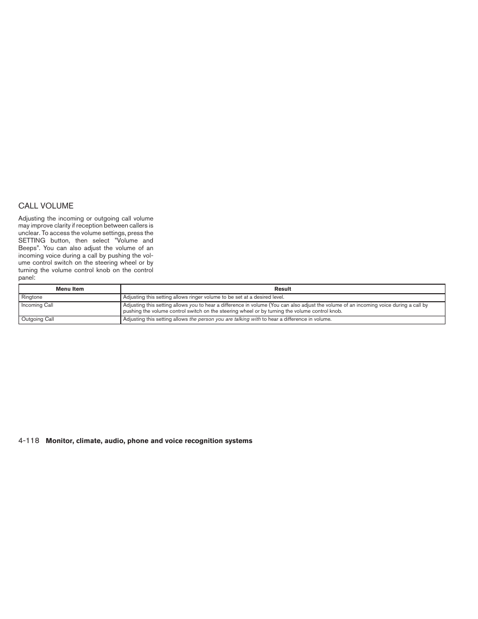 Call volume -118, Call volume | NISSAN 2014 Maxima - Owner's Manual User Manual | Page 281 / 432