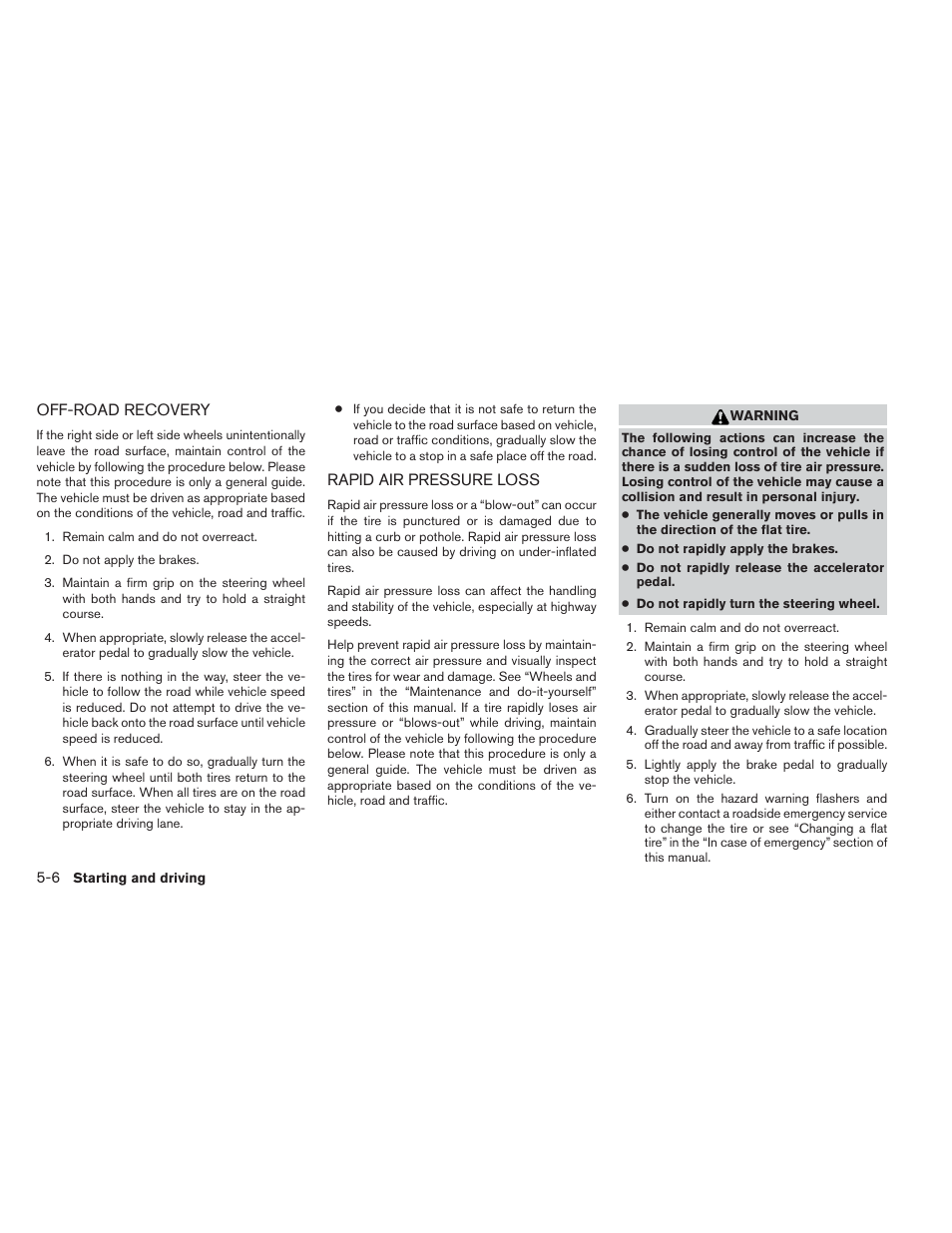 Off-road recovery -6 rapid air pressure loss -6 | NISSAN 2014 Maxima - Owner's Manual User Manual | Page 305 / 432