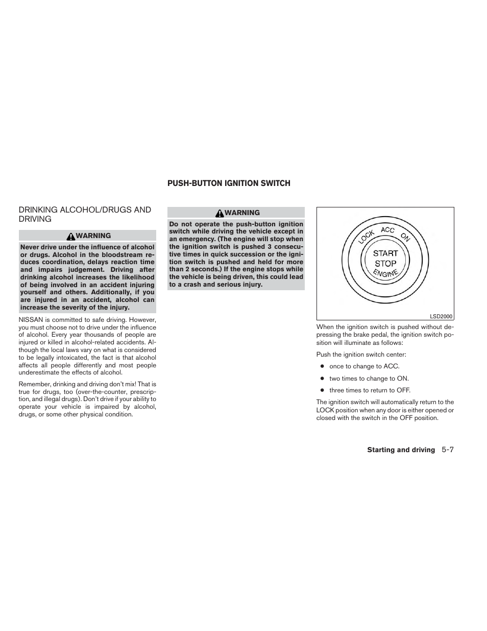 Drinking alcohol/drugs and driving -7, Push-button ignition switch -7 | NISSAN 2014 Maxima - Owner's Manual User Manual | Page 306 / 432