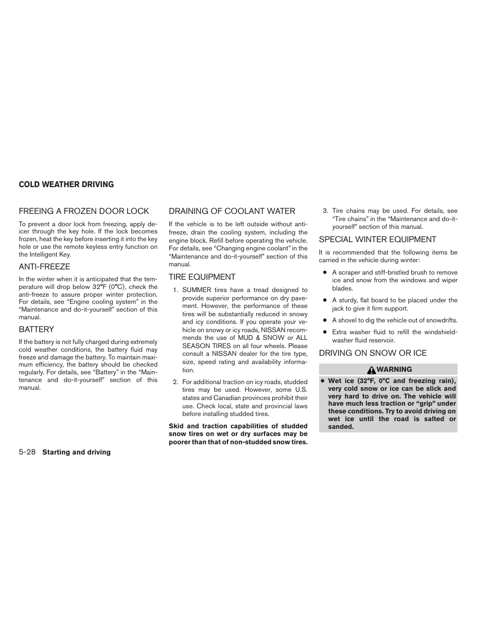 Cold weather driving -28 | NISSAN 2014 Maxima - Owner's Manual User Manual | Page 327 / 432