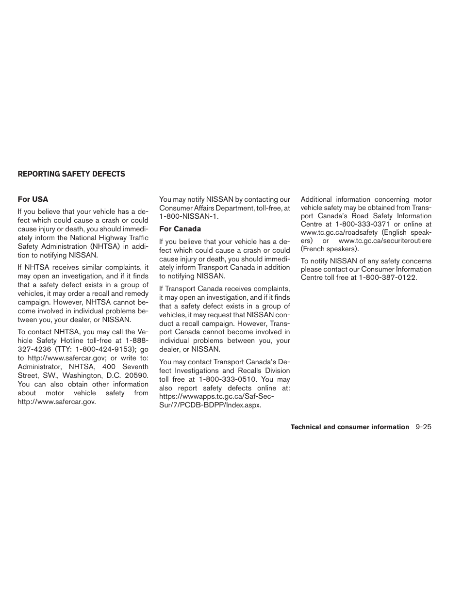 Reporting safety defects -25 | NISSAN 2014 Maxima - Owner's Manual User Manual | Page 420 / 432