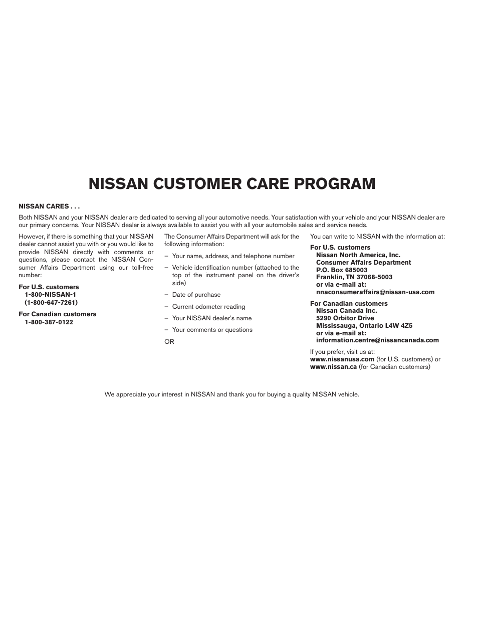 Nissan customer care program | NISSAN 2014 Maxima - Owner's Manual User Manual | Page 5 / 432