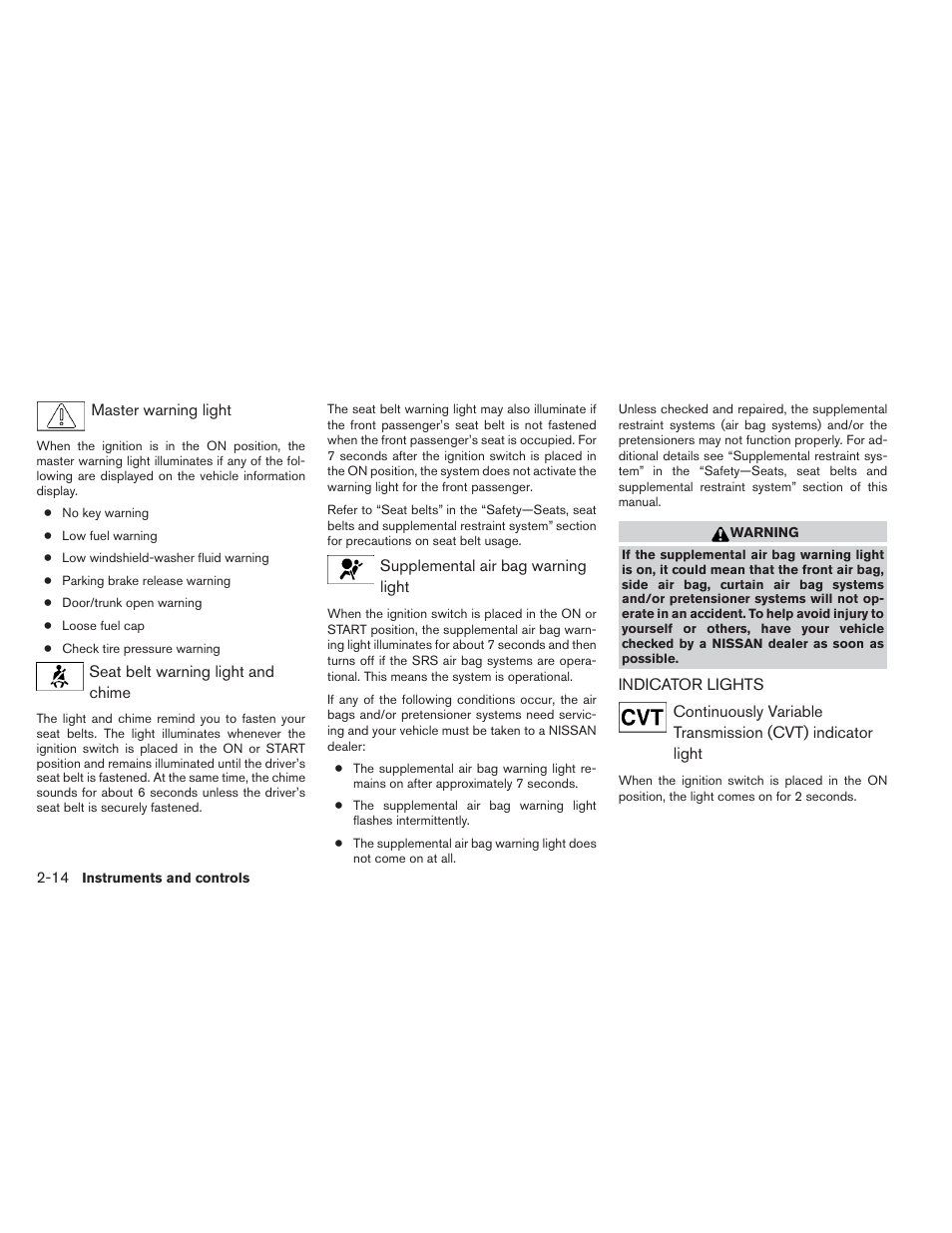 Indicator lights -14 | NISSAN 2014 Maxima - Owner's Manual User Manual | Page 89 / 432