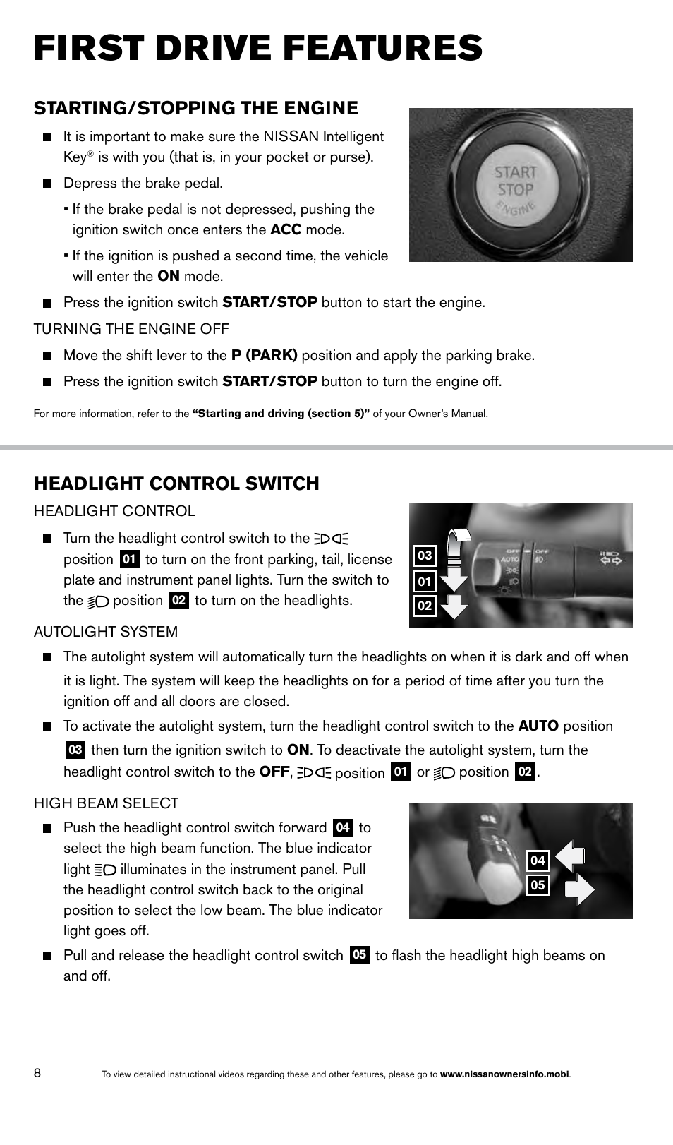 First drive features, Starting/stopping the engine, Headlight control switch | NISSAN 2014 Maxima - Quick Reference Guide User Manual | Page 10 / 24