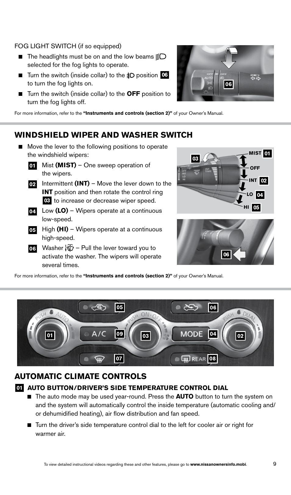 Windshield wiper and washer switch, Automatic climate controls | NISSAN 2014 Maxima - Quick Reference Guide User Manual | Page 11 / 24