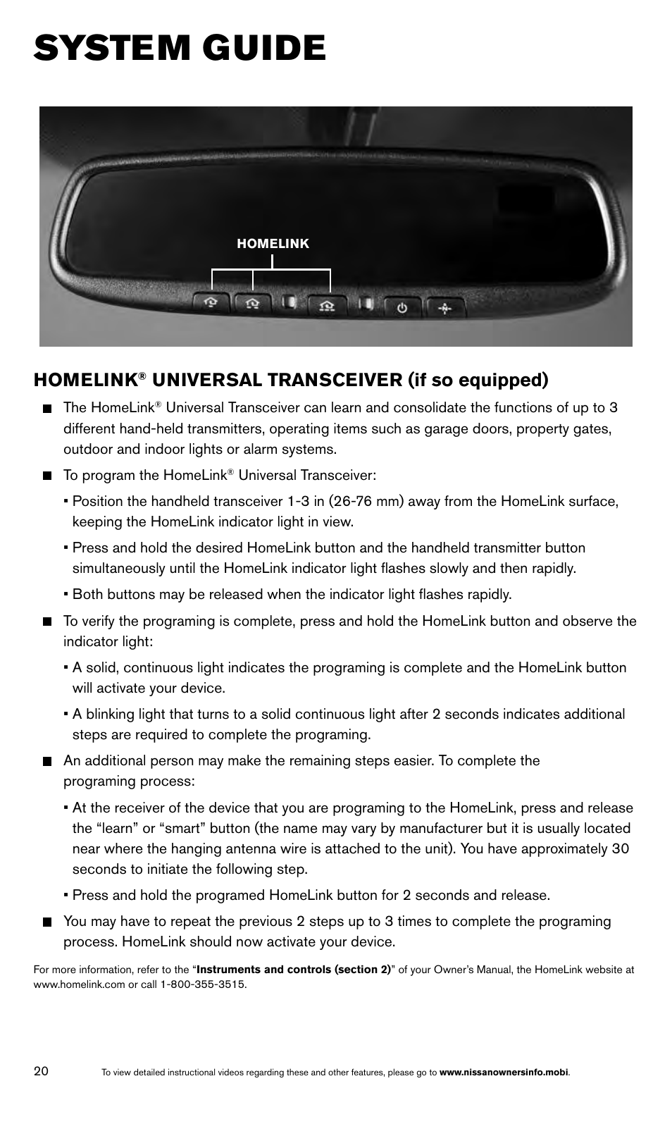 System guide, Homelink, Universal transceiver (if so equipped) | NISSAN 2014 Maxima - Quick Reference Guide User Manual | Page 22 / 24