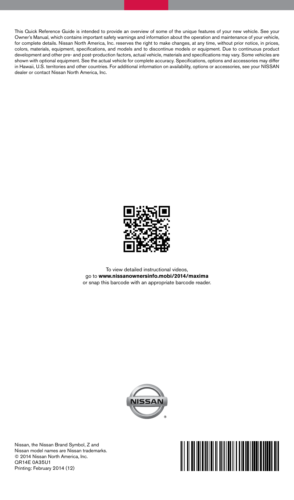 NISSAN 2014 Maxima - Quick Reference Guide User Manual | Page 24 / 24