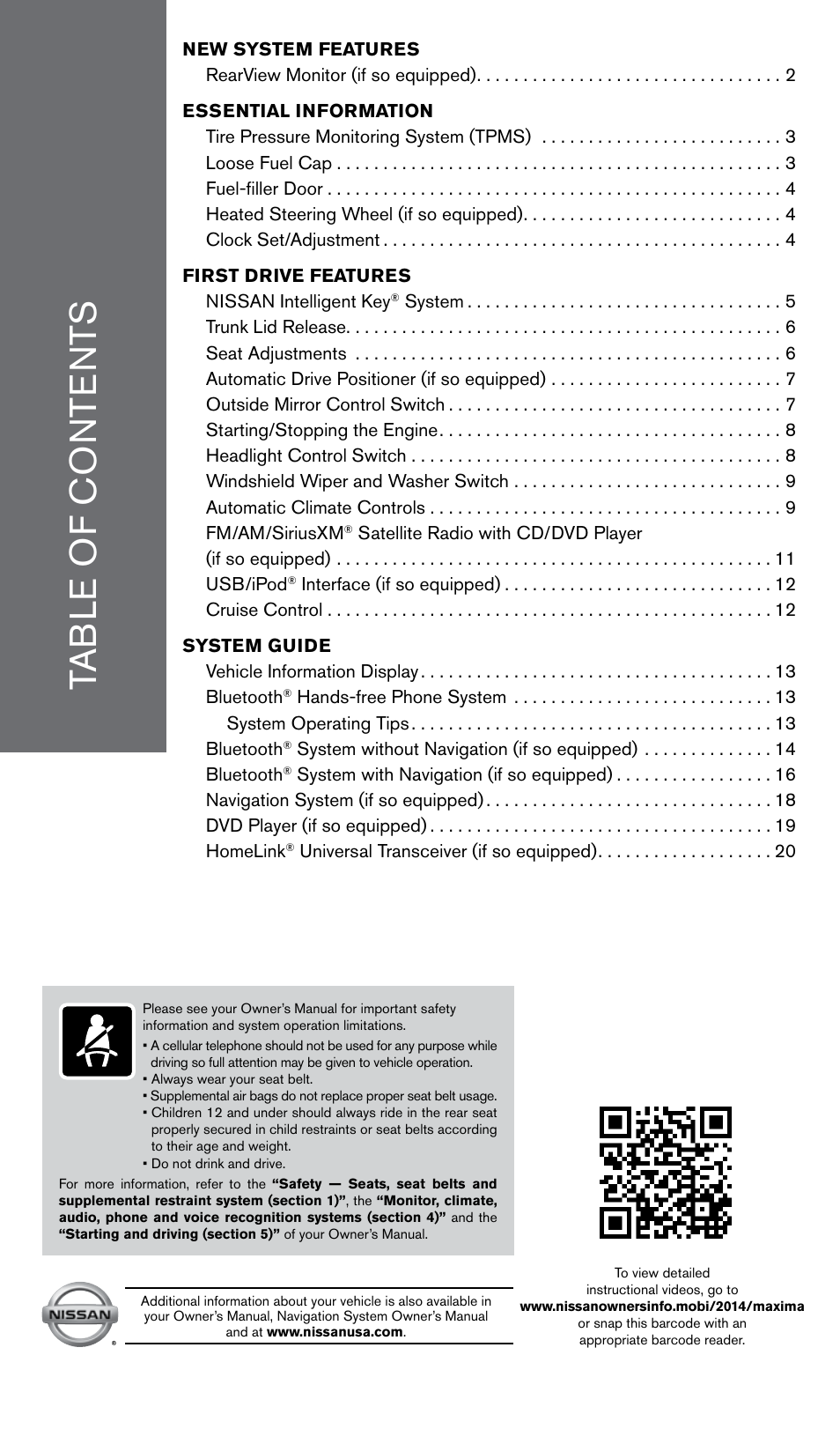 NISSAN 2014 Maxima - Quick Reference Guide User Manual | Page 3 / 24