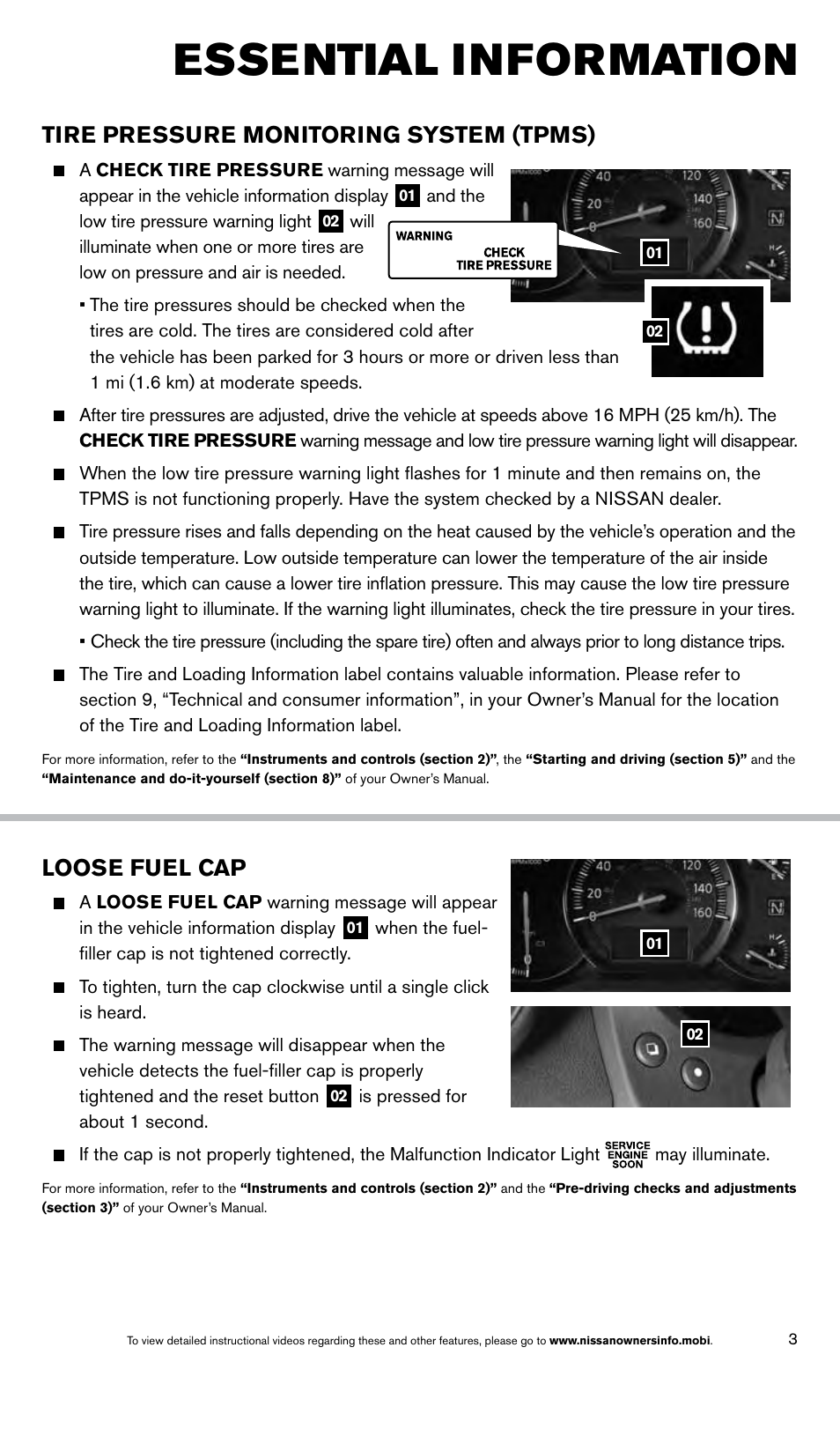Essential information, Tire pressure monitoring system (tpms), Loose fuel cap | NISSAN 2014 Maxima - Quick Reference Guide User Manual | Page 5 / 24