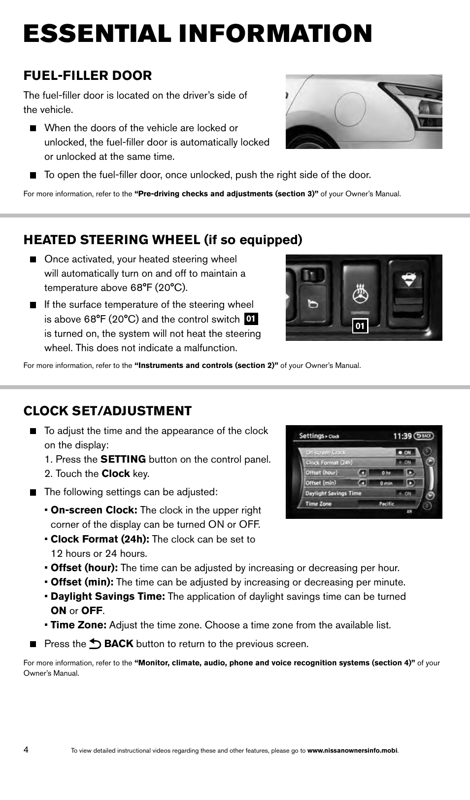 Essential information, Heated steering wheel (if so equipped), Clock set/adjustment | Fuel-filler door | NISSAN 2014 Maxima - Quick Reference Guide User Manual | Page 6 / 24