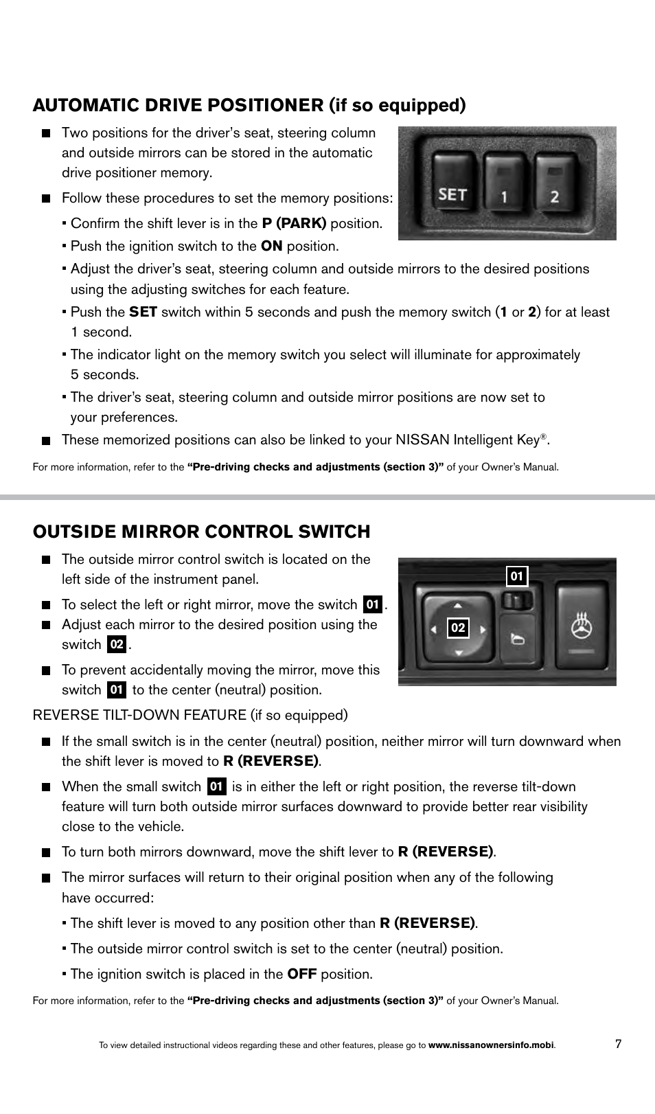 Outside mirror control switch, Automatic drive positioner (if so equipped) | NISSAN 2014 Maxima - Quick Reference Guide User Manual | Page 9 / 24