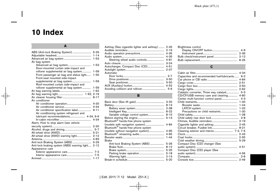 Index, 10 index | NISSAN 2011 Murano - Owner's Manual User Manual | Page 473 / 481