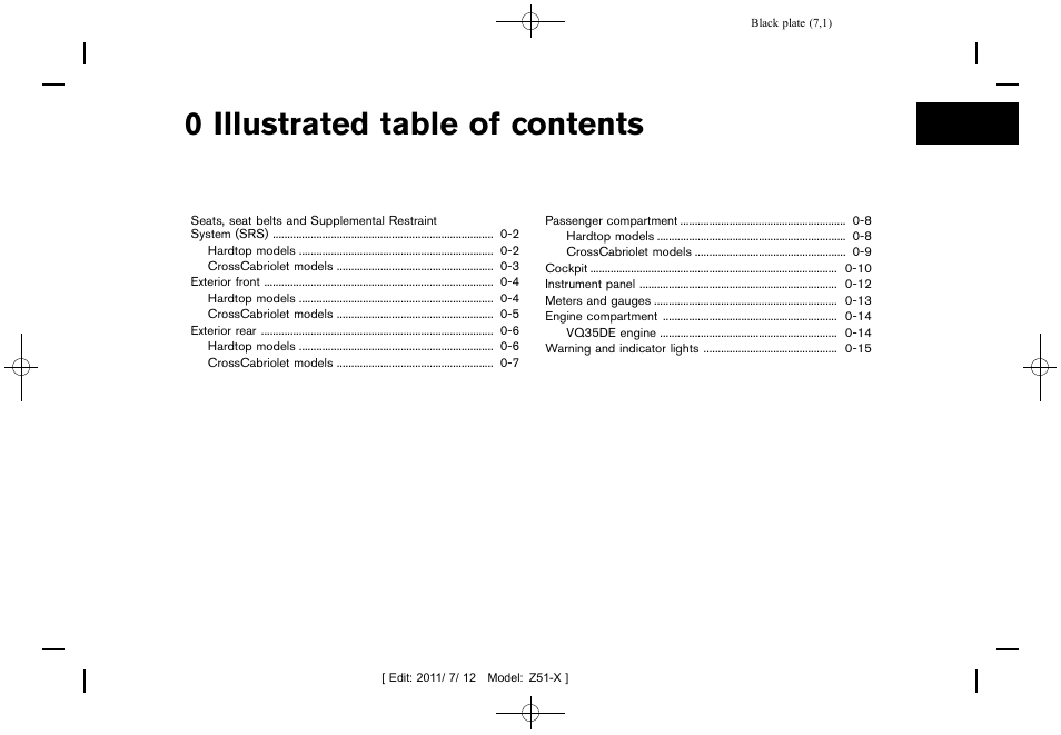 Illustrated table of contents, 0 illustrated table of contents | NISSAN 2011 Murano - Owner's Manual User Manual | Page 7 / 481