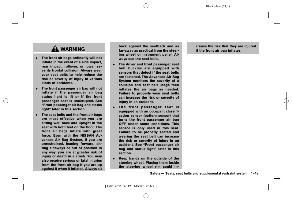 Warning | NISSAN 2011 Murano - Owner's Manual User Manual | Page 71 / 481