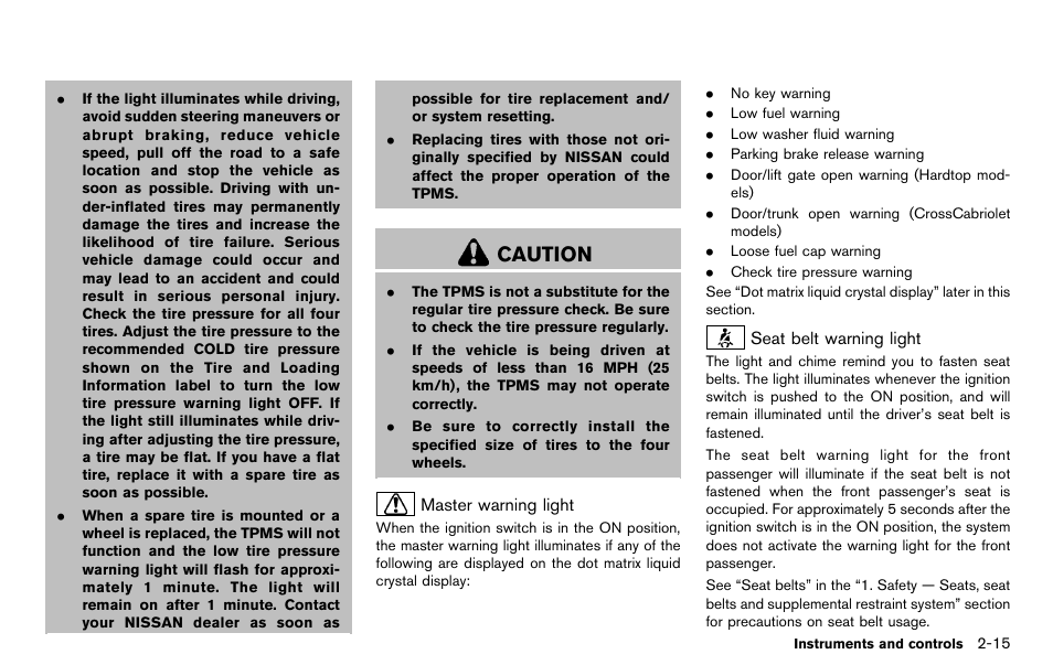 Caution | NISSAN 2012 Murano - Owner's Manual User Manual | Page 105 / 491