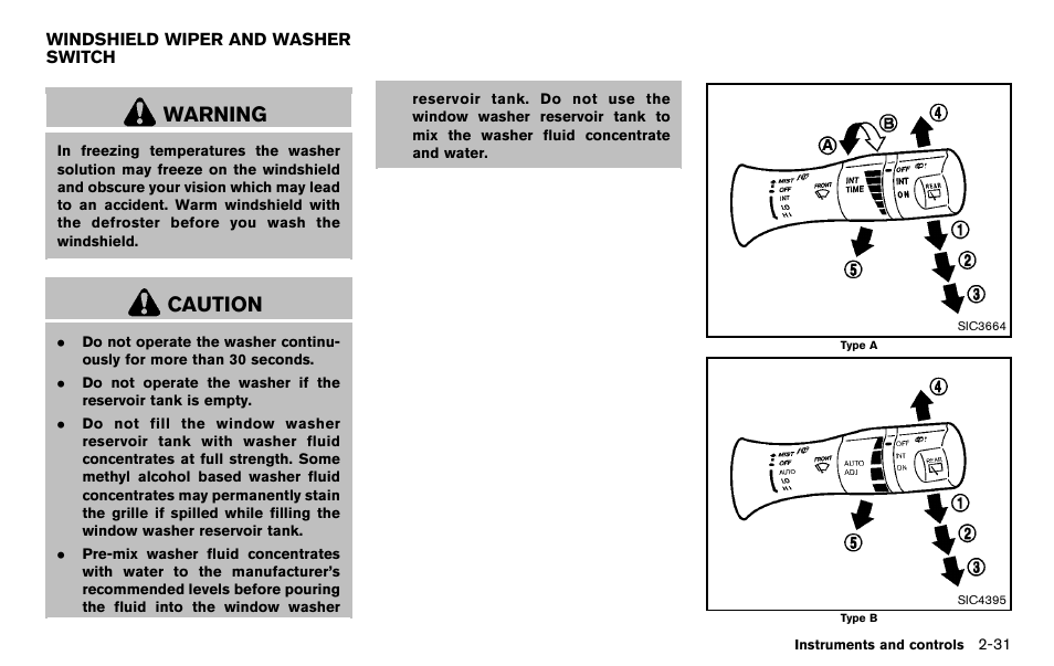 Windshield wiper and washer switch -31, Warning, Caution | NISSAN 2012 Murano - Owner's Manual User Manual | Page 121 / 491