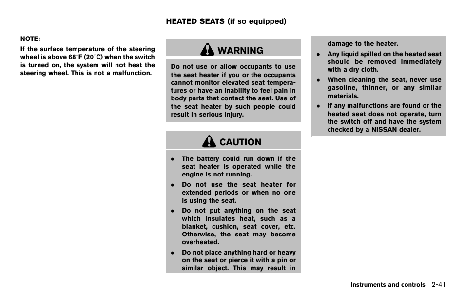 Heated seats (if so equipped) -41, Warning, Caution | NISSAN 2012 Murano - Owner's Manual User Manual | Page 131 / 491