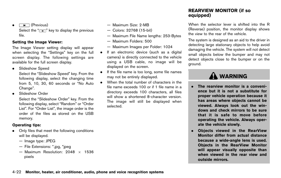 Rearview monitor (if so equipped) -22, Warning | NISSAN 2012 Murano - Owner's Manual User Manual | Page 232 / 491