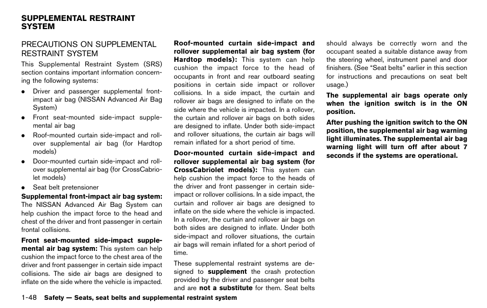 Supplemental restraint system -48, Precautions on supplemental restraint system -48 | NISSAN 2012 Murano - Owner's Manual User Manual | Page 72 / 491