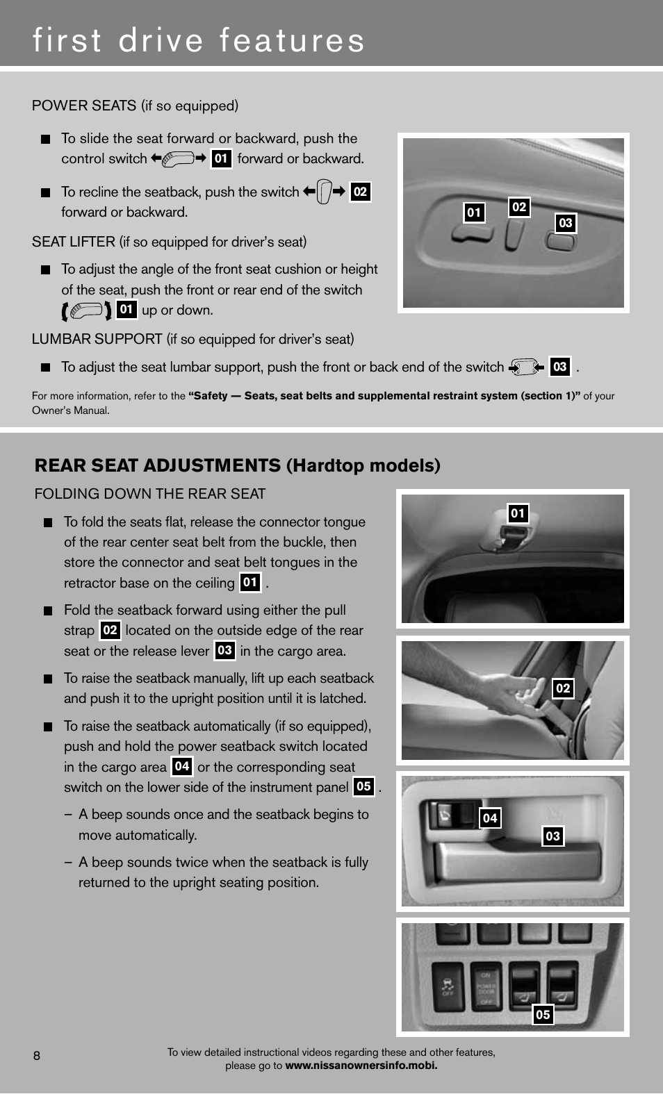 First drive features, Rear seat adjustments (hardtop models) | NISSAN 2012 Murano - Quick Reference Guide User Manual | Page 10 / 28