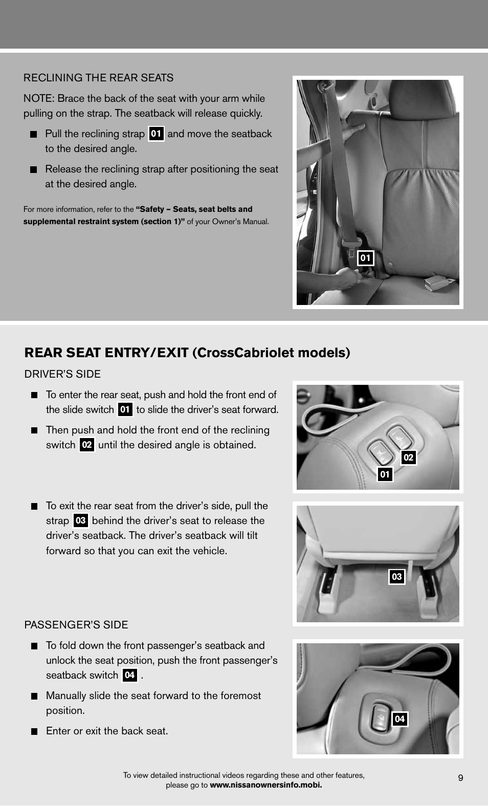 Rear seat entry/exit (crosscabriolet models) | NISSAN 2012 Murano - Quick Reference Guide User Manual | Page 11 / 28