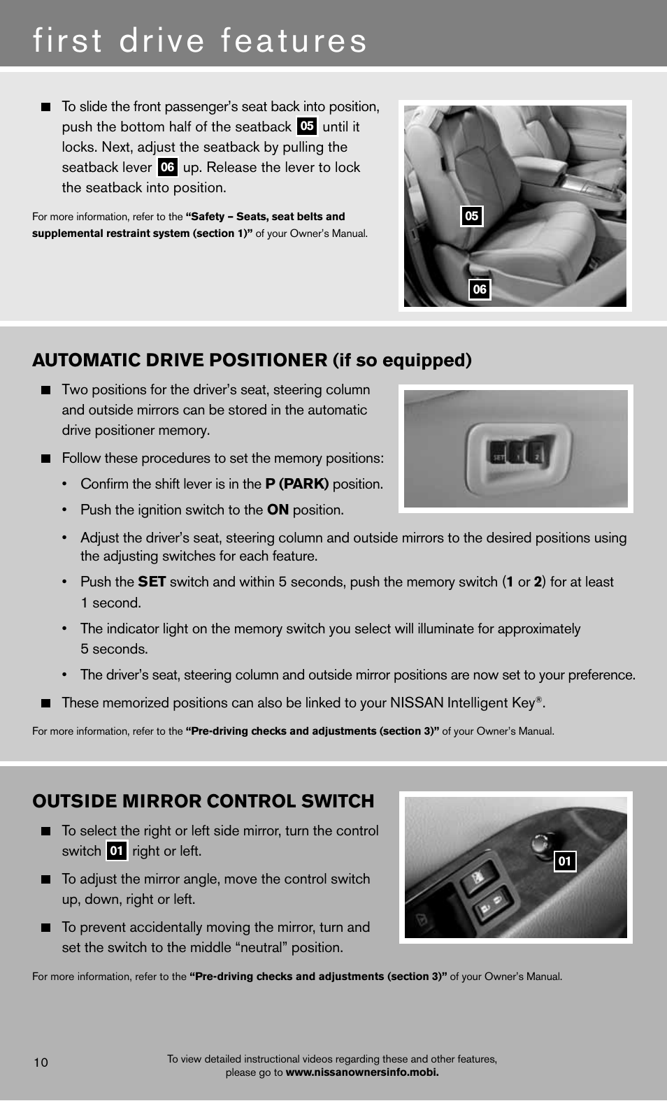 First drive features, Outside mirror control switch, Automatic drive positioner (if so equipped) | NISSAN 2012 Murano - Quick Reference Guide User Manual | Page 12 / 28