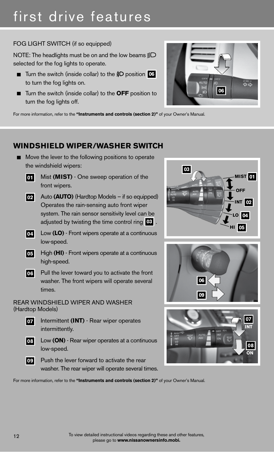 First drive features, Windshield wiper/washer switch | NISSAN 2012 Murano - Quick Reference Guide User Manual | Page 14 / 28