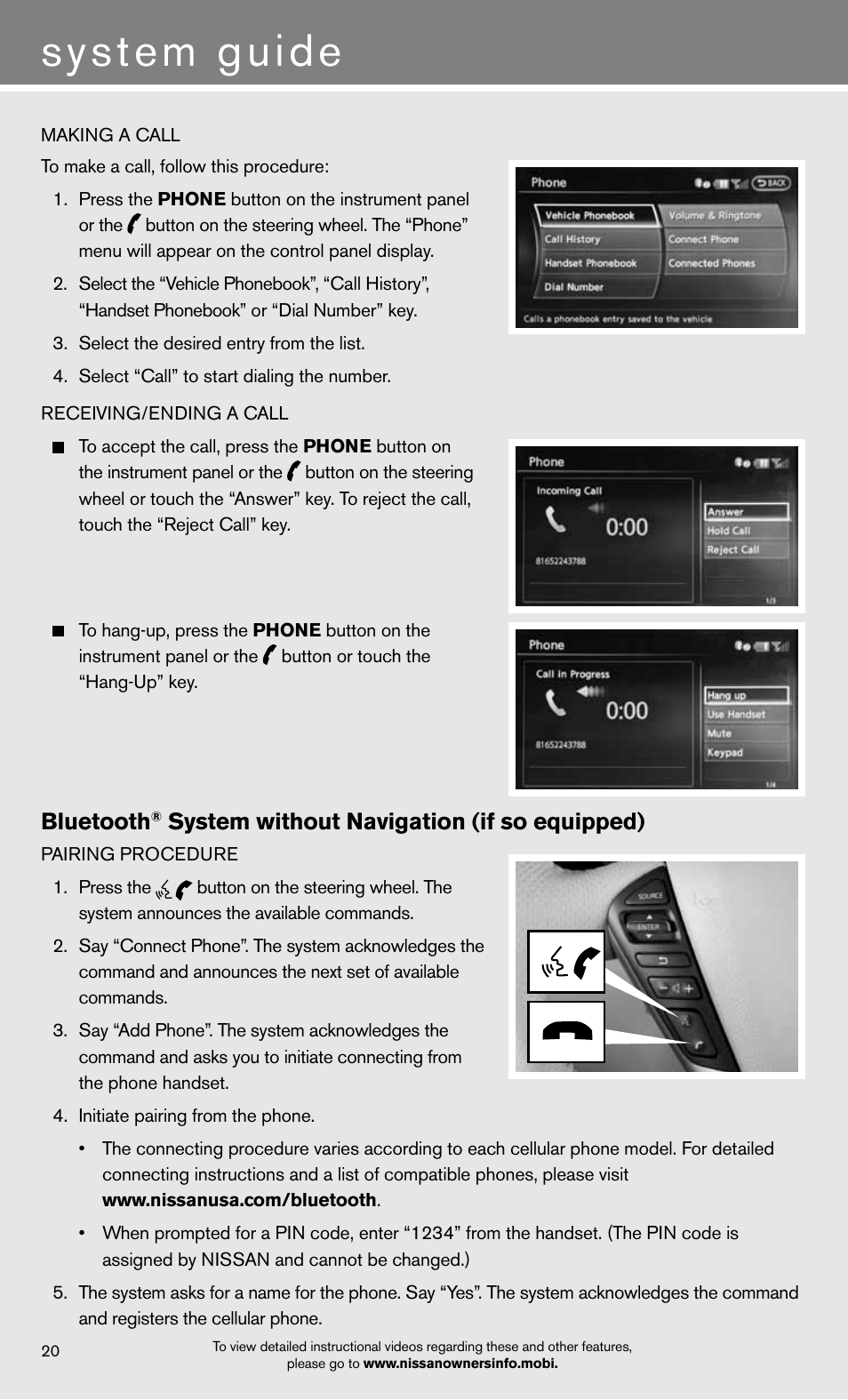 System guide, Bluetooth, System without navigation (if so equipped) | NISSAN 2012 Murano - Quick Reference Guide User Manual | Page 22 / 28