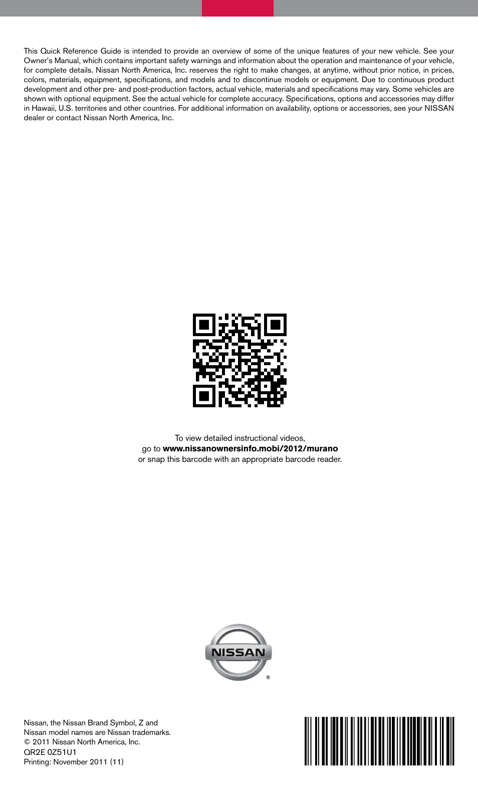 NISSAN 2012 Murano - Quick Reference Guide User Manual | Page 28 / 28