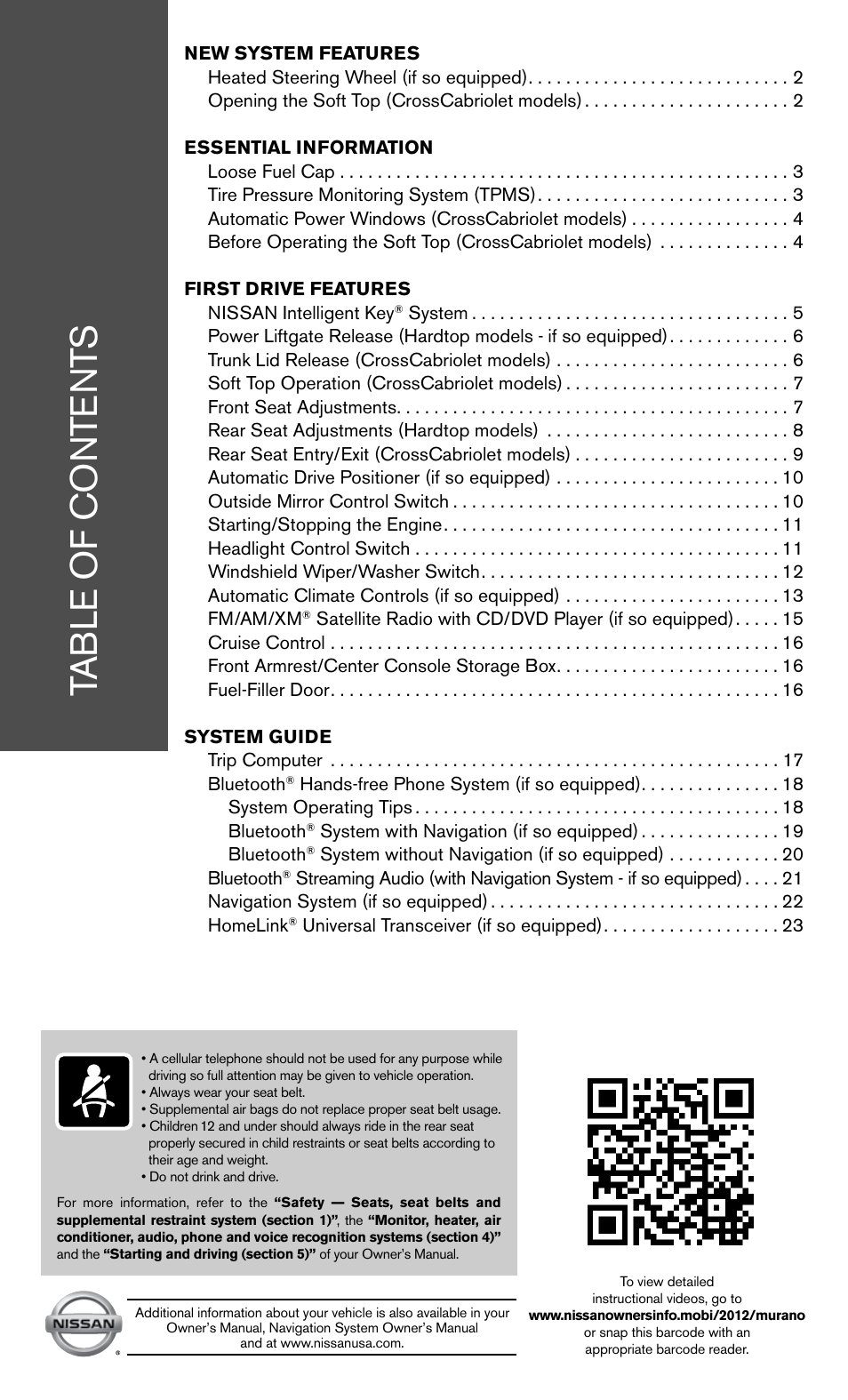 NISSAN 2012 Murano - Quick Reference Guide User Manual | Page 3 / 28