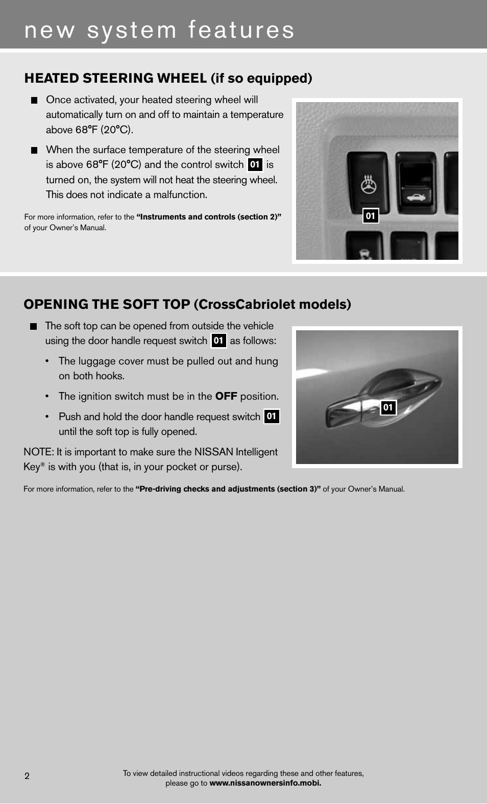 New system features, Heated steering wheel (if so equipped), Opening the soft top (crosscabriolet models) | NISSAN 2012 Murano - Quick Reference Guide User Manual | Page 4 / 28