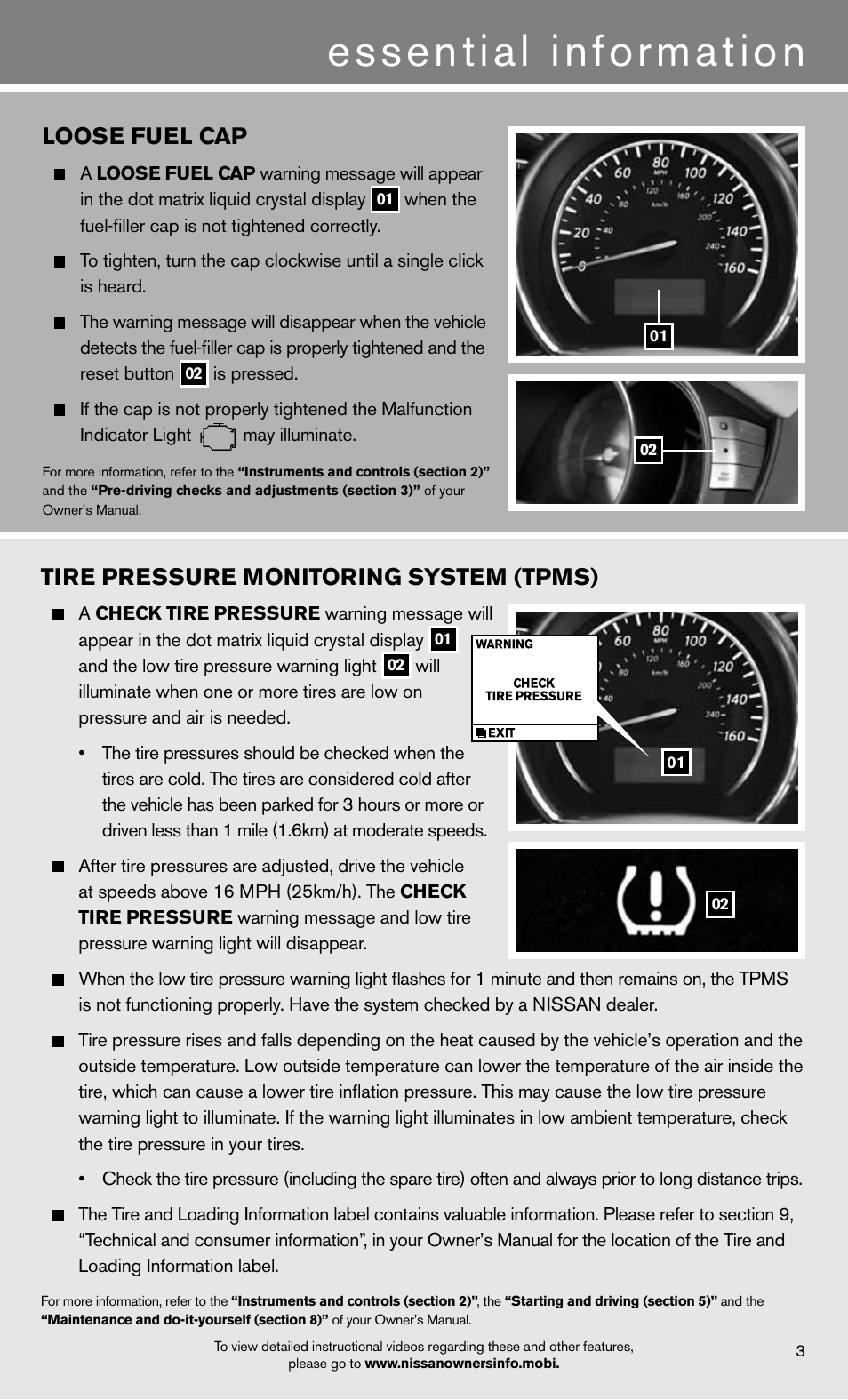 Essential information, Tire pressure monitoring system (tpms), Loose fuel cap | NISSAN 2012 Murano - Quick Reference Guide User Manual | Page 5 / 28