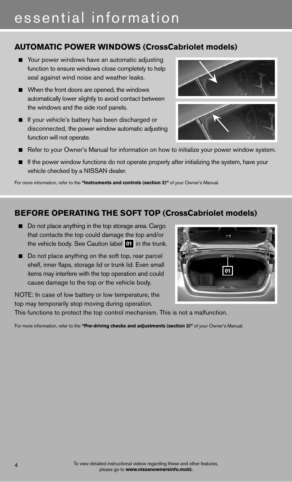 Essential information, Automatic power windows (crosscabriolet models) | NISSAN 2012 Murano - Quick Reference Guide User Manual | Page 6 / 28