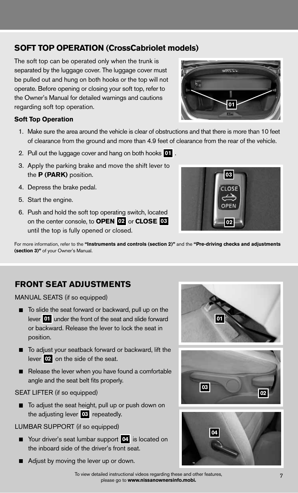 Front seat adjustments, Soft top operation (crosscabriolet models) | NISSAN 2012 Murano - Quick Reference Guide User Manual | Page 9 / 28