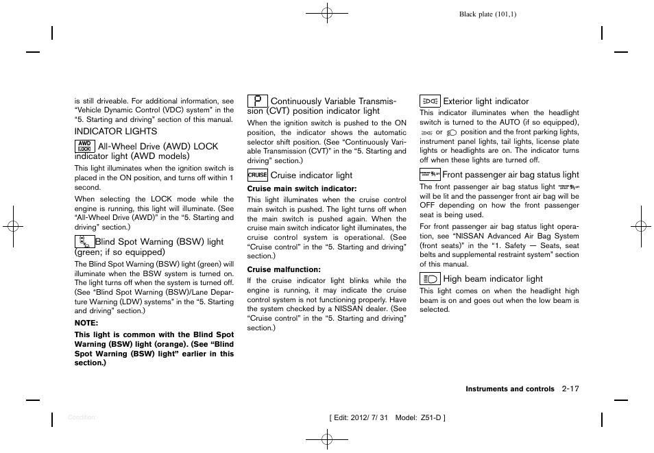 Indicator lights -17 | NISSAN 2013 Murano - Owner's Manual User Manual | Page 103 / 507
