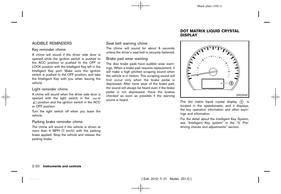 Audible reminders -20, Dot matrix liquid crystal display -20 | NISSAN 2013 Murano - Owner's Manual User Manual | Page 106 / 507