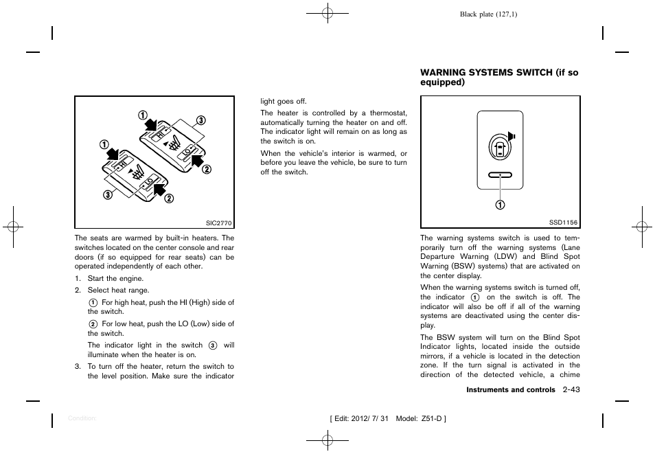 Warning systems switch (if so equipped) -43 | NISSAN 2013 Murano - Owner's Manual User Manual | Page 129 / 507