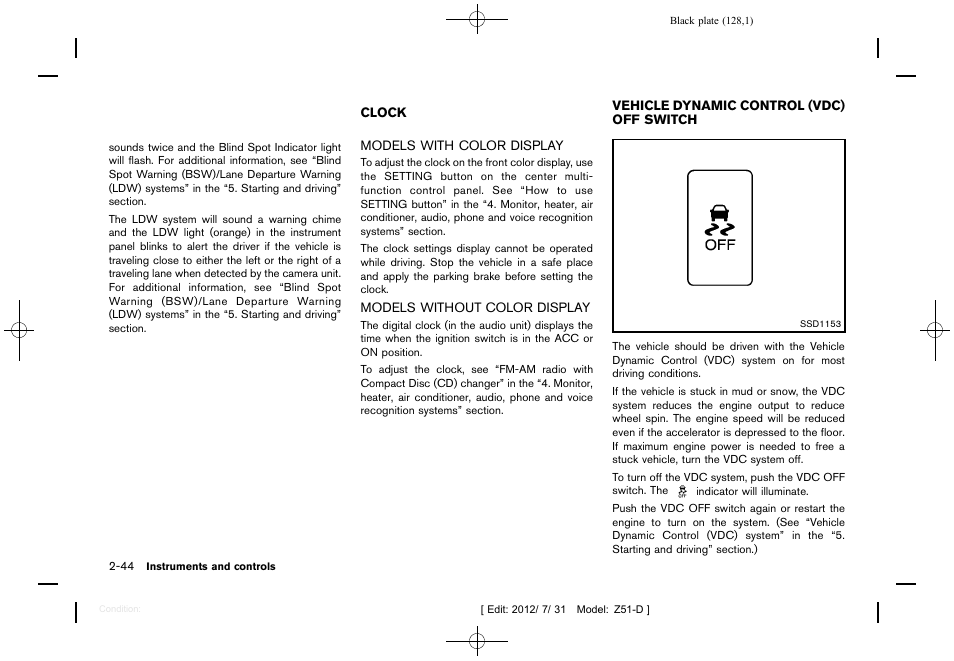 Clock -44, Vehicle dynamic control (vdc) off switch -44 | NISSAN 2013 Murano - Owner's Manual User Manual | Page 130 / 507