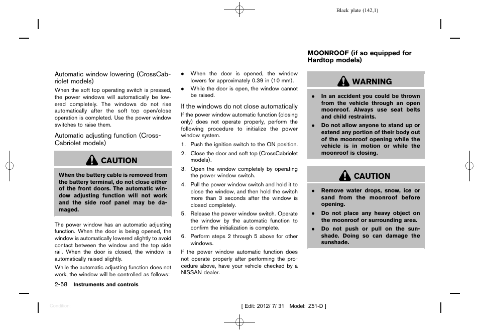Moonroof (if so equipped for hardtop models) -58, Caution, Warning | NISSAN 2013 Murano - Owner's Manual User Manual | Page 144 / 507