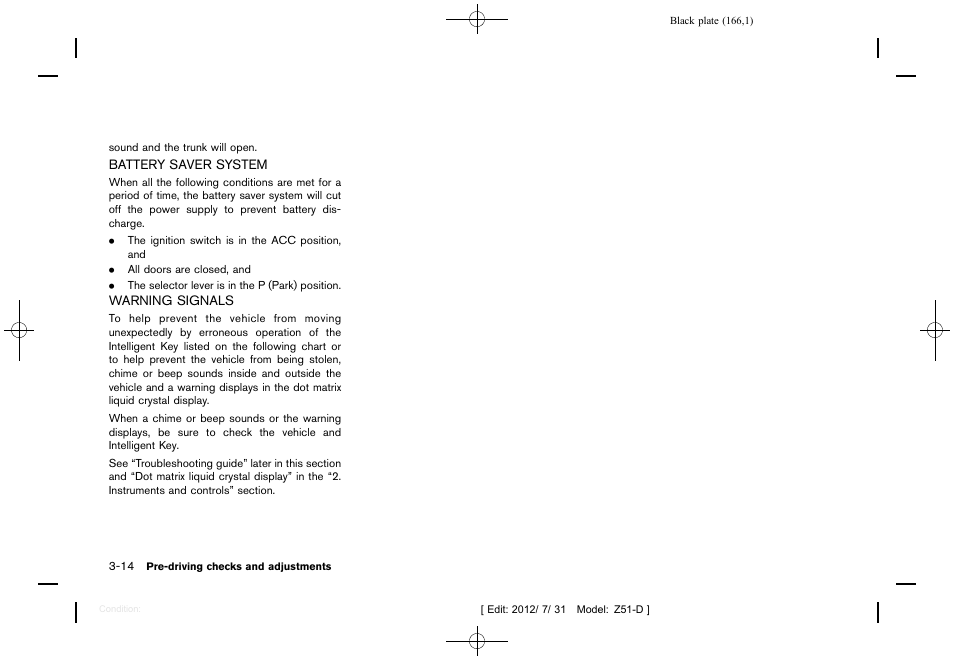 Battery saver system -14 warning signals -14 | NISSAN 2013 Murano - Owner's Manual User Manual | Page 168 / 507